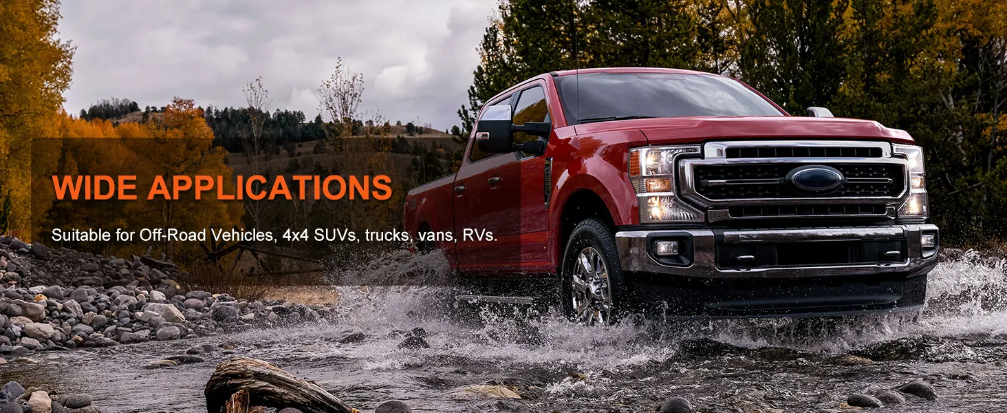 red truck drives through rocky stream with text highlighting wide applications for VEVOR 12v air compressor.