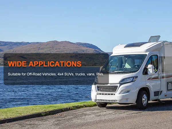 rv parked by a lake, promoting the VEVOR 12v air compressor for off-road use, 4x4 suvs, vans, and trucks.