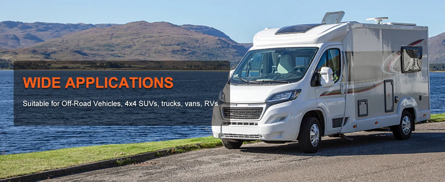 rv parked by a lake, promoting the VEVOR 12v air compressor for off-road use, 4x4 suvs, vans, and trucks.