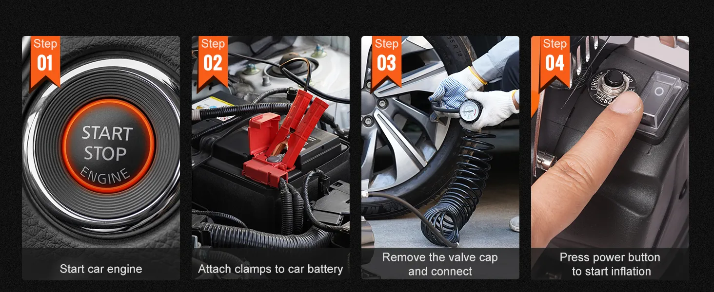 steps to use VEVOR 12v air compressor: start engine, attach clamps, remove valve cap, press power button.