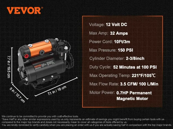 Kit compressore d'aria di bordo VEVOR con 150 psi, 12 V CC, 3,5 cfm, motore da 0,7 CV e tubo flessibile da 18 piedi.