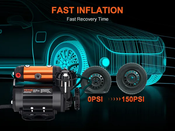 Kit compressore d'aria di bordo VEVOR per gonfiare gli pneumatici delle auto da 0 a 150 psi con tempi di recupero rapidi.