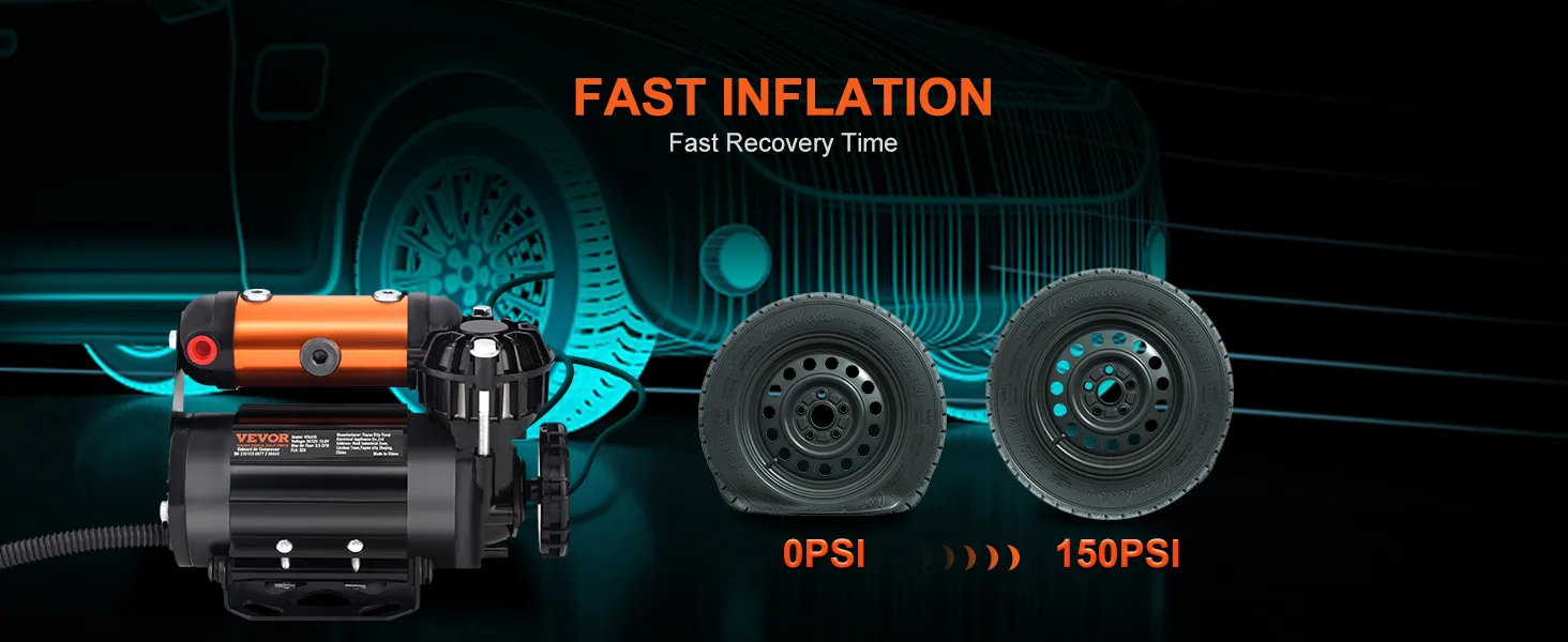 Kit compressore d'aria di bordo VEVOR per gonfiare gli pneumatici delle auto da 0 a 150 psi con tempi di recupero rapidi.