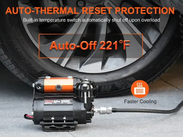 Kit compressore d'aria di bordo VEVOR con protezione termica automatica e raffreddamento più rapido vicino allo pneumatico dell'auto.