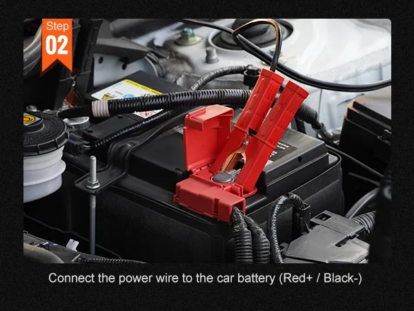 passaggio 2: collegare il cavo di alimentazione alla batteria dell'auto per il kit compressore d'aria di bordo VEVOR (rosso+ / nero-).
