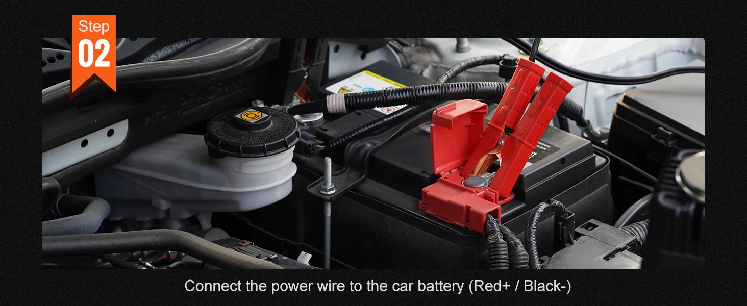 passaggio 2: collegare il cavo di alimentazione alla batteria dell'auto per il kit compressore d'aria di bordo VEVOR (rosso+ / nero-).