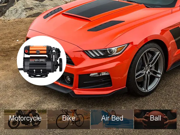 Kit compressore d'aria di bordo VEVOR con auto sportiva arancione, moto, bicicletta, materasso ad aria e pallone da basket.