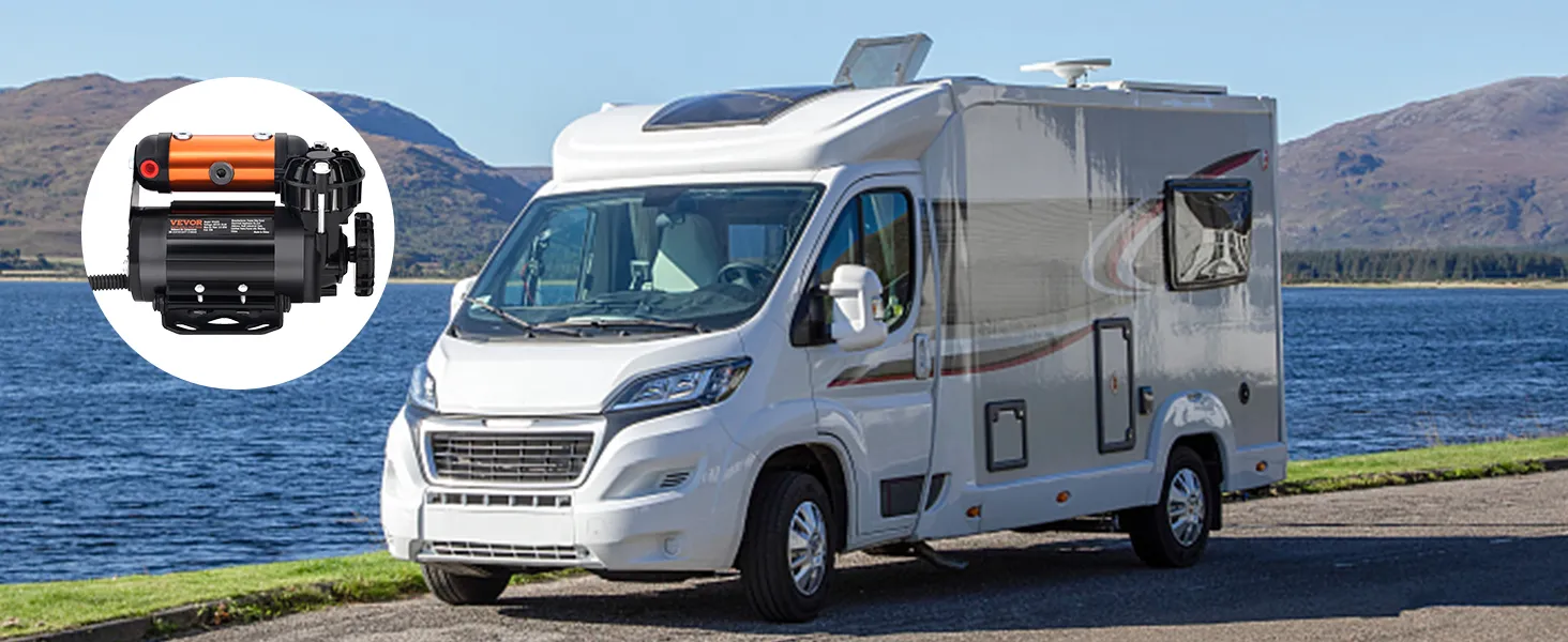 camper parcheggiato vicino a un lago panoramico con kit compressore d'aria di bordo VEVOR.