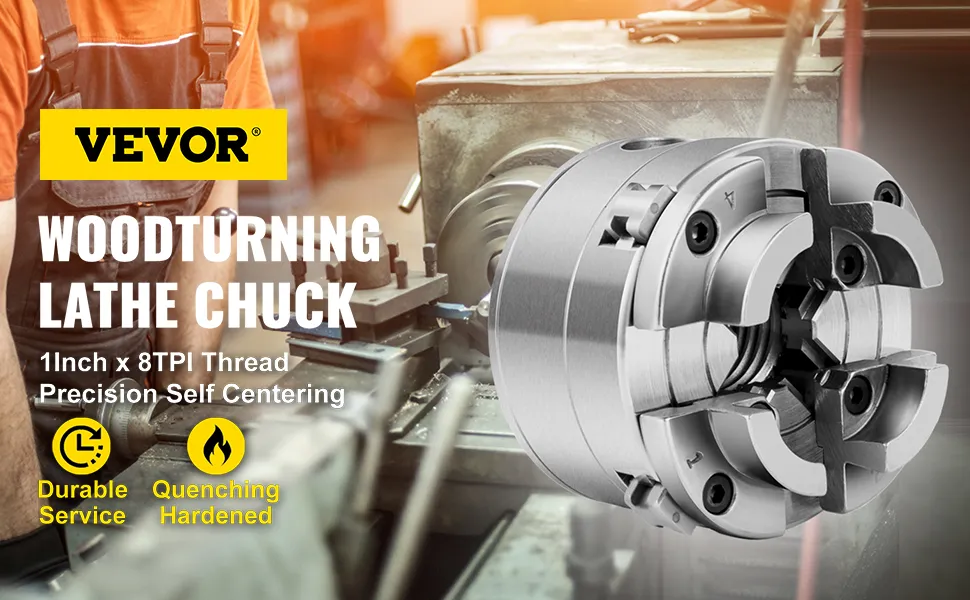 VEVOR wood lathe chuck showcased with precision self-centering and durable service.