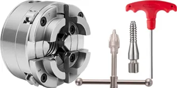 VEVOR wood lathe chuck set including chuck, safety set, and red t-handle tool.