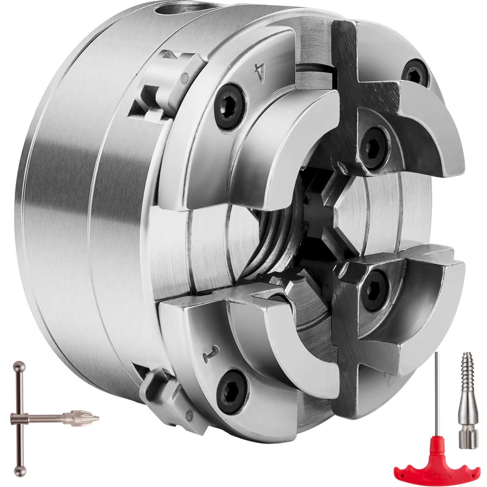 VEVOR wood lathe chuck with precision grip and included accessory tools.