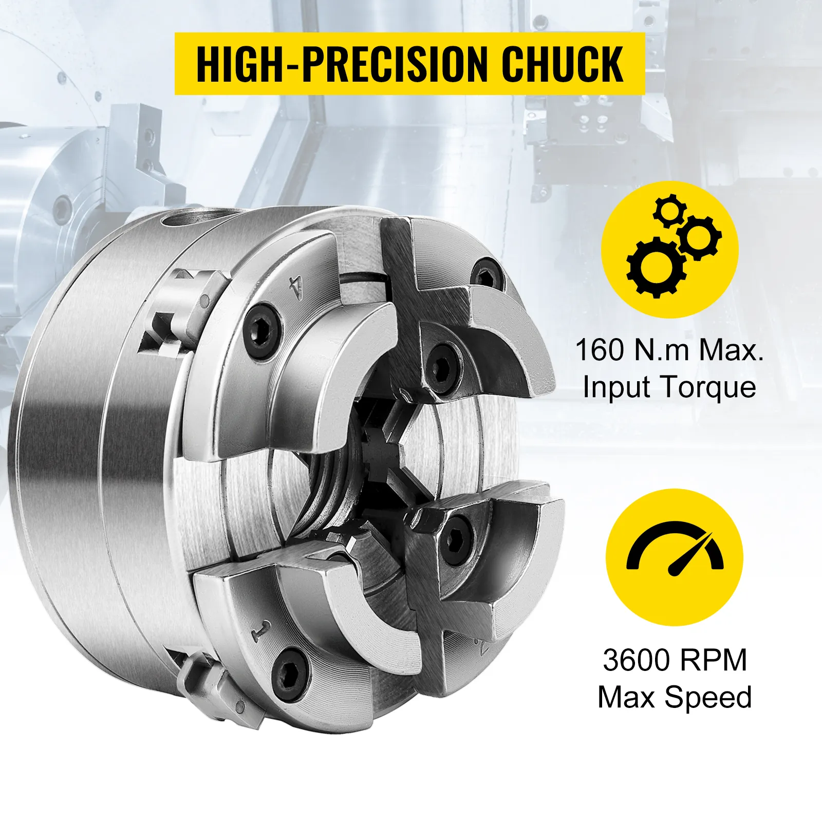 VEVOR wood lathe chuck with 160 n.m max input torque and 3600 rpm max speed.