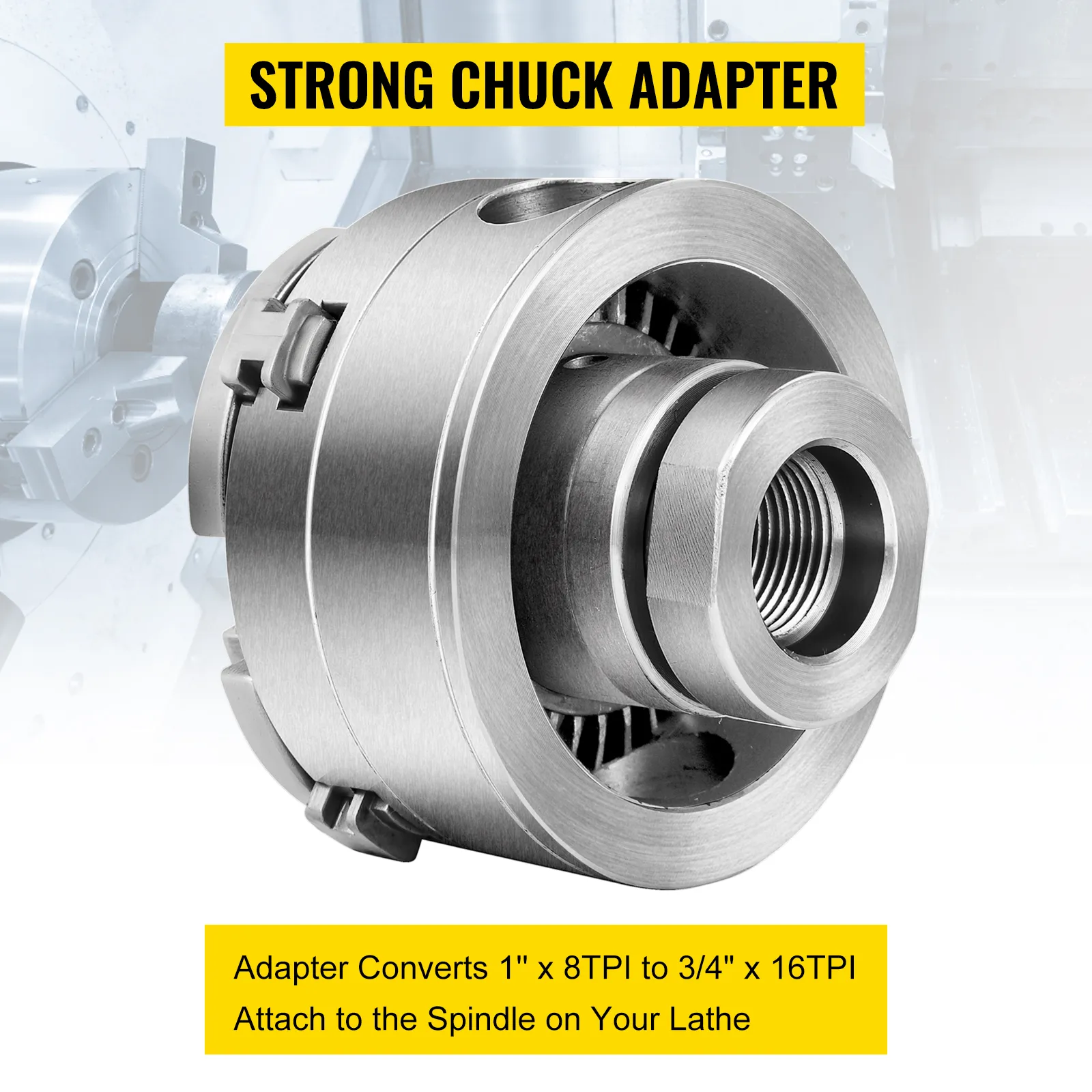 strong chuck adapter for VEVOR wood lathe chuck, converting 1'' x 8tpi to 3/4'' x 16tpi.