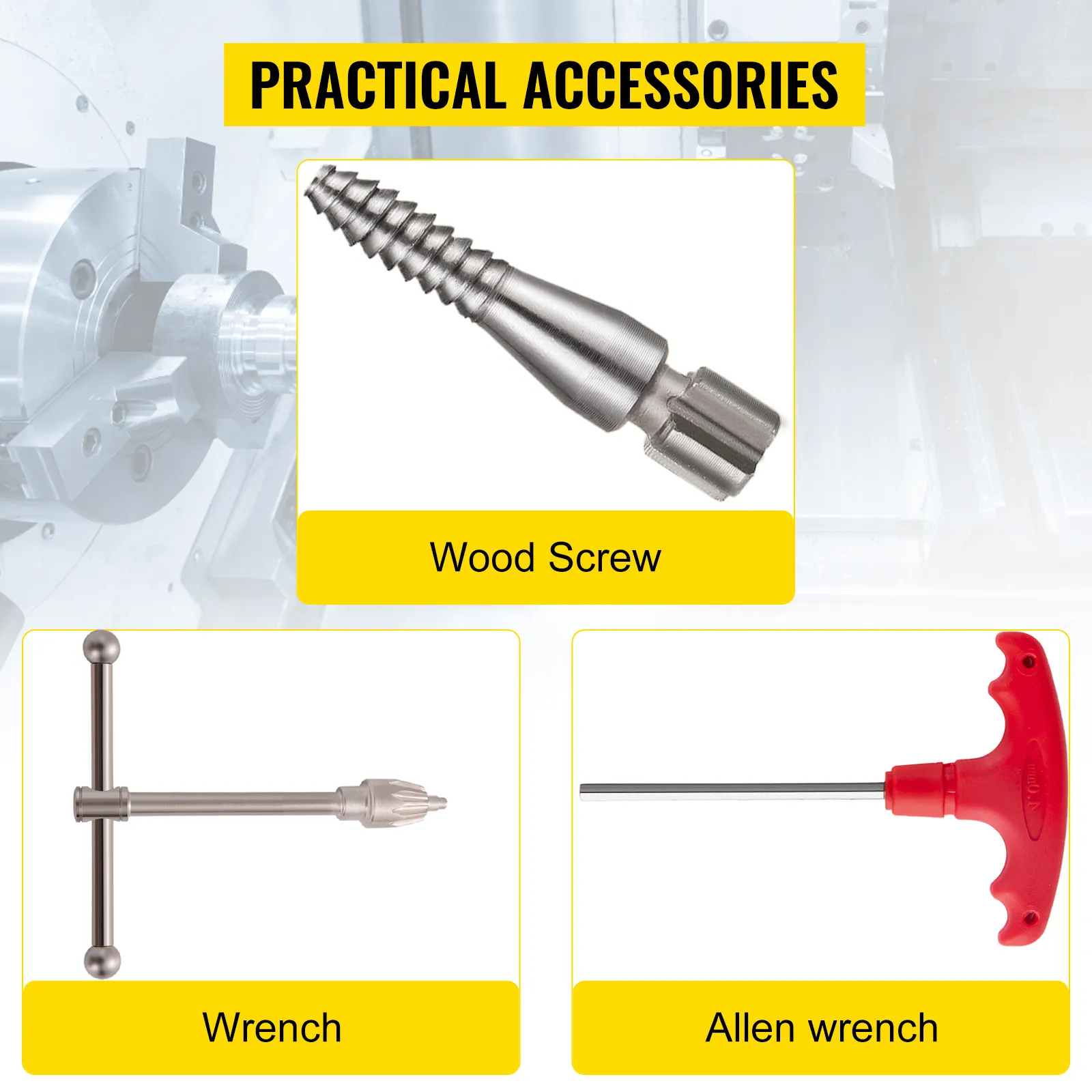 practical accessories for VEVOR wood lathe chuck: wood screw, wrench, allen wrench.