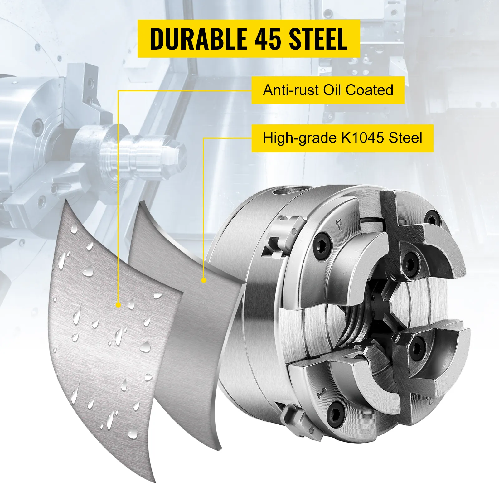 VEVOR wood lathe chuck in anti-rust oil-coated high-grade k1045 steel. durable 45 steel.