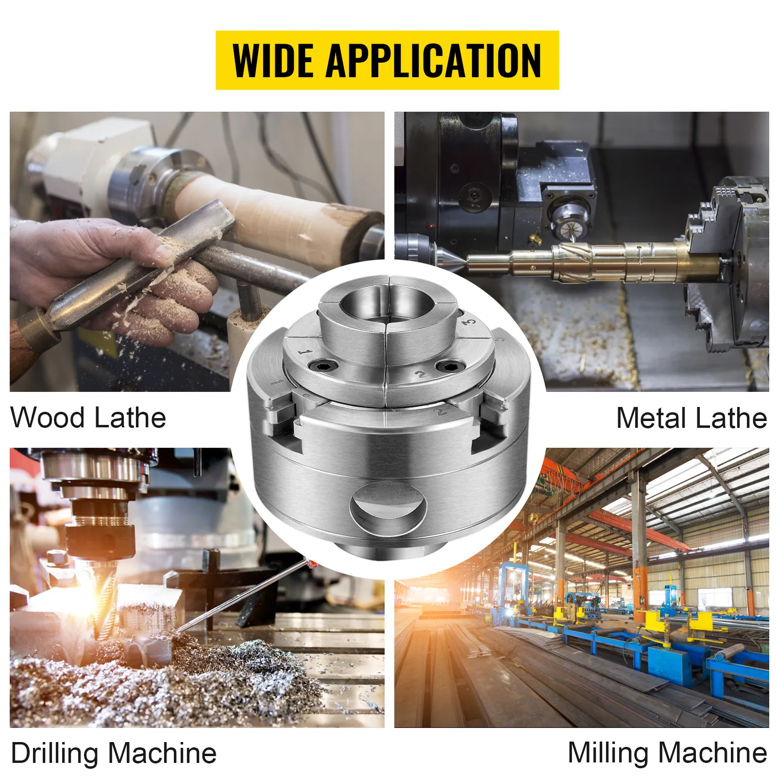 VEVOR wood lathe chuck for wood lathe, metal lathe, drilling, and milling machines.