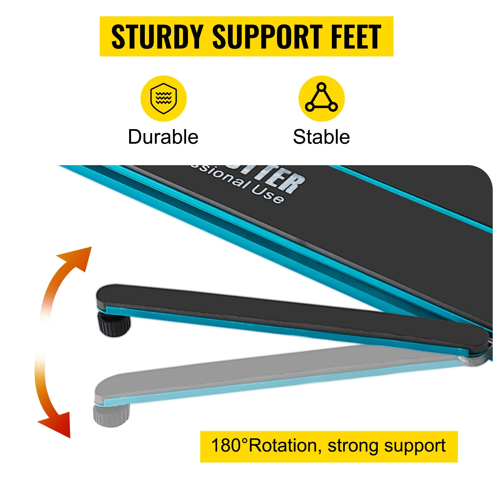 VEVOR tile cutter with sturdy support feet and 180° rotation for stable use.