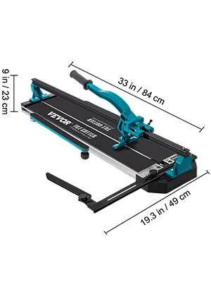 VEVOR tile cutter, 33 in, black and teal, with measurement dimensions shown.