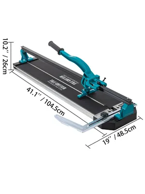 VEVOR tile cutter with dimensions: 41.1" length, 19" width, and 10.2" height.