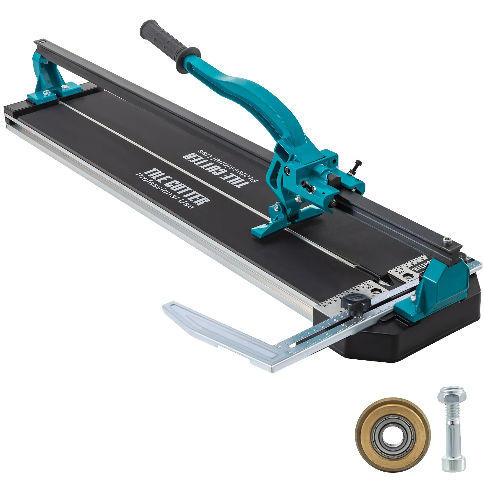 VEVOR tile cutter with handle, cutting guide, and spare parts.