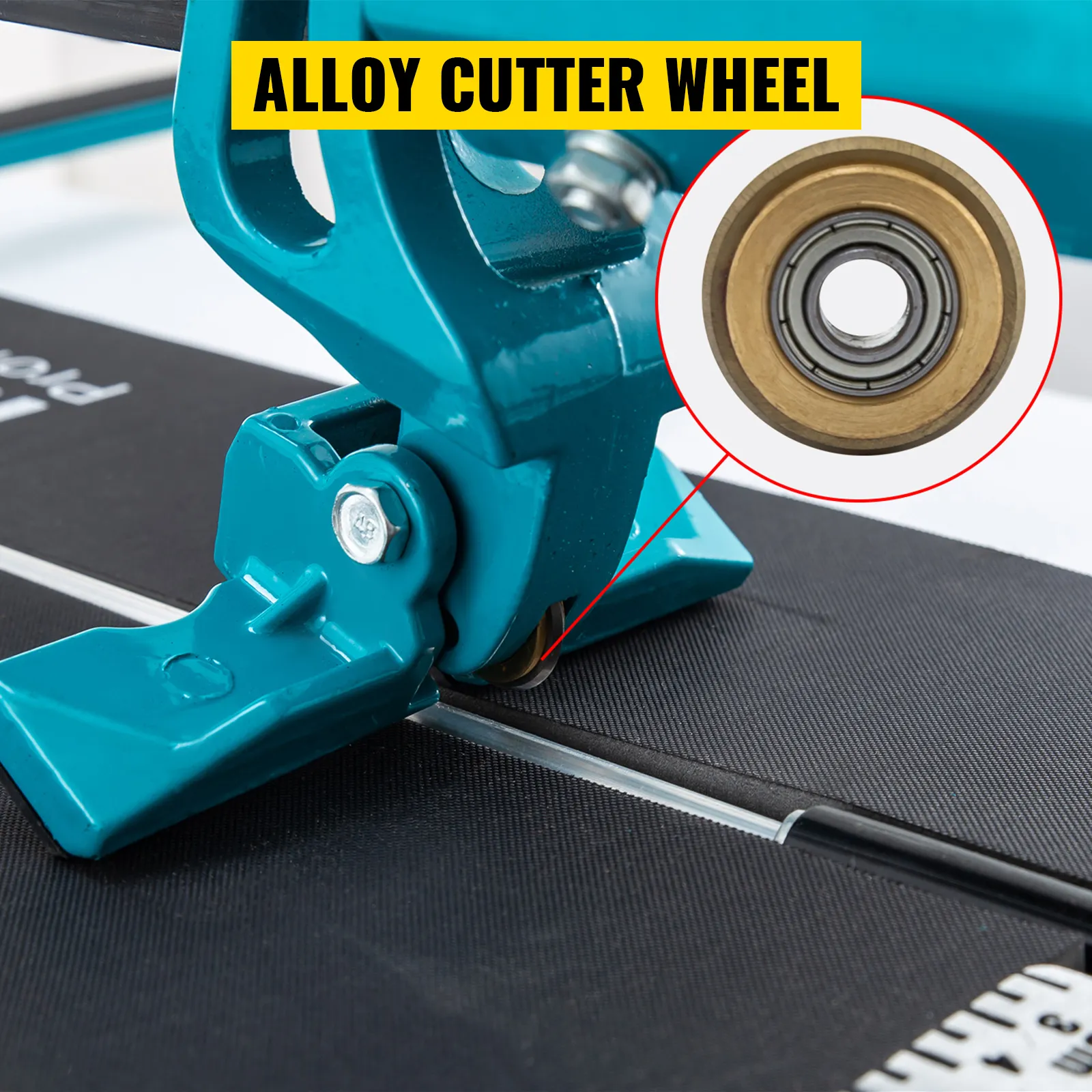 alloy cutter wheel on a VEVOR tile cutter, close-up detail.