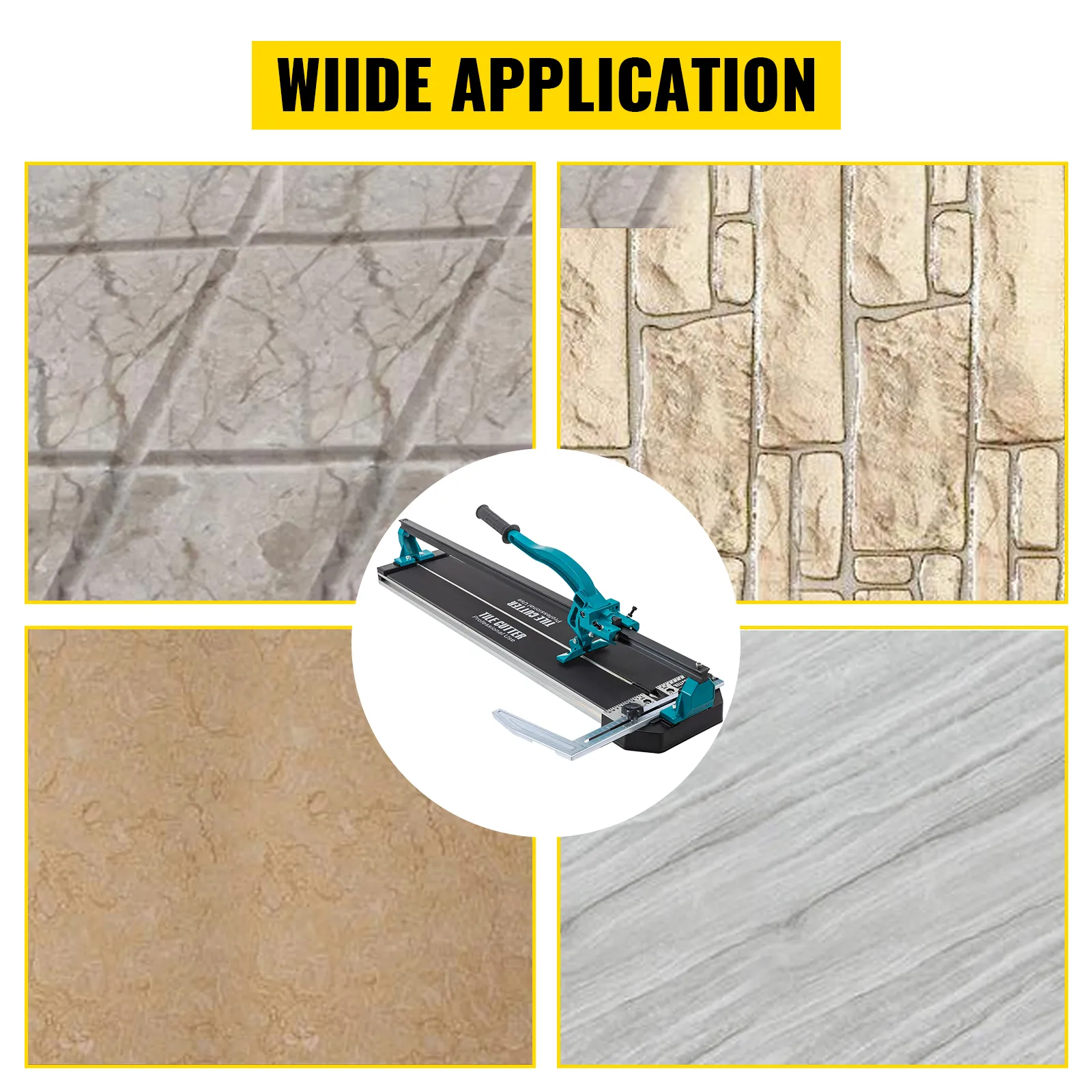 VEVOR tile cutter displayed over various tile patterns with "wiie application" text.