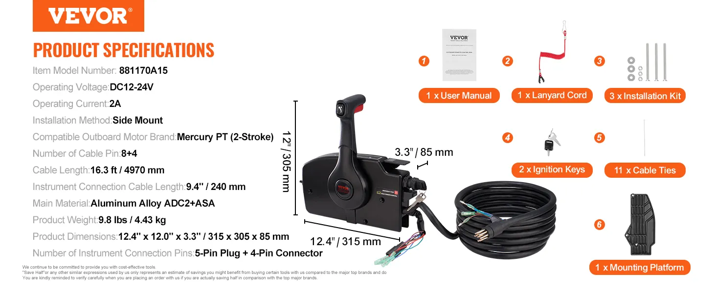VEVOR boat throttle control specifications with accessories: user manual, lanyard, keys, cables, mounting parts.