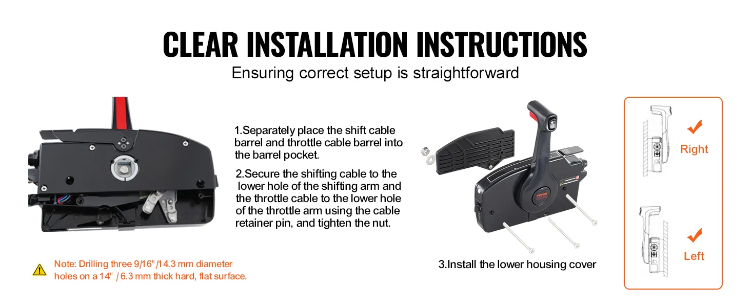 clear installation instructions for VEVOR boat throttle control, with step-by-step guide and diagrams.