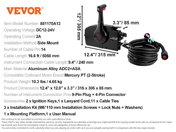 VEVOR boat throttle control with accessories; user manual, lanyard, installation kit, and ignition keys.