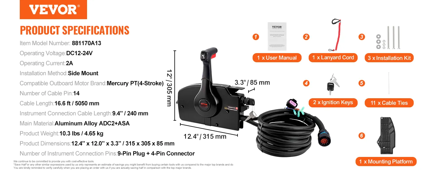 VEVOR boat throttle control with accessories; user manual, lanyard, installation kit, and ignition keys.