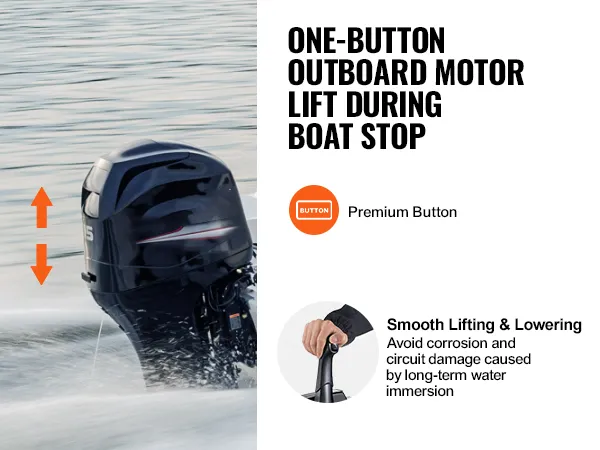 boat on the water with VEVOR boat throttle control, showcasing outboard motor lift with premium button.