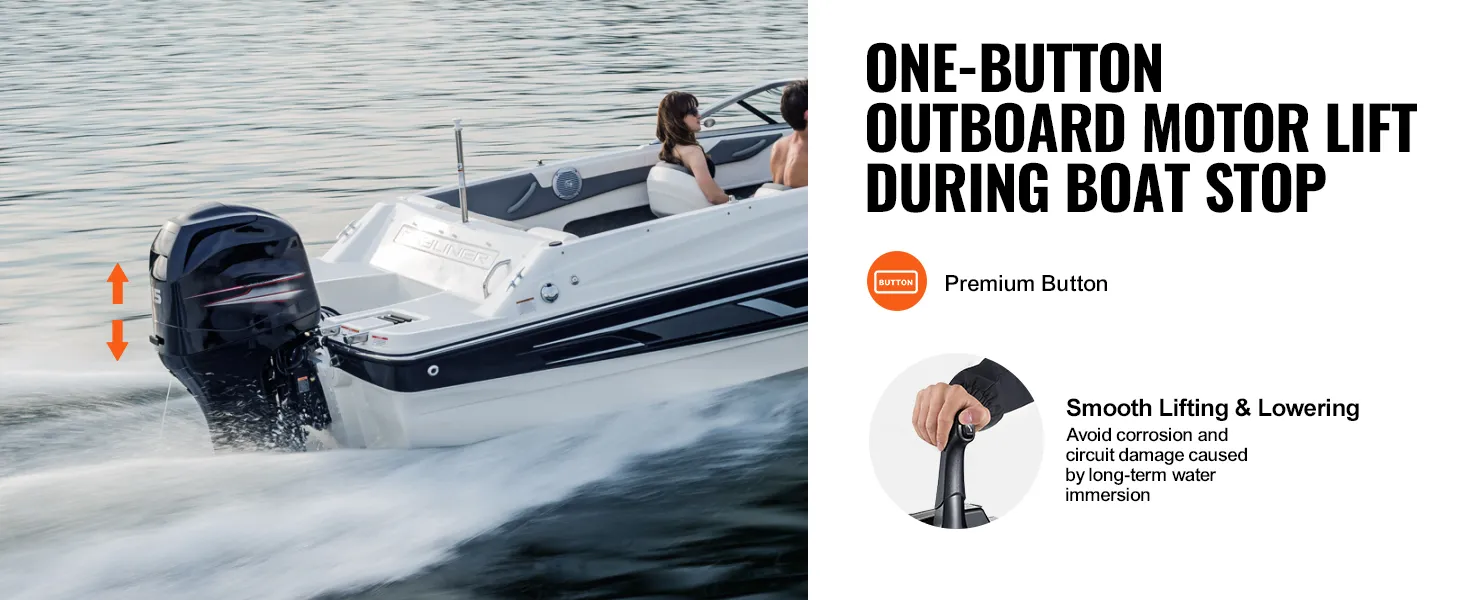 boat on the water with VEVOR boat throttle control, showcasing outboard motor lift with premium button.
