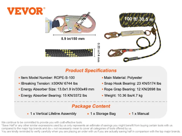 VEVOR vertical lifeline assembly, 100 ft, polyester, includes storage bag and manual.