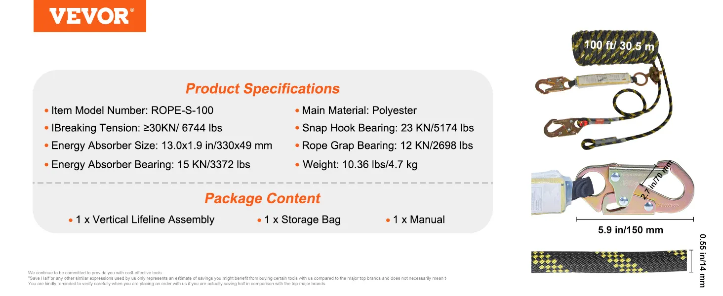 VEVOR vertical lifeline assembly, 100 ft, polyester, includes storage bag and manual.