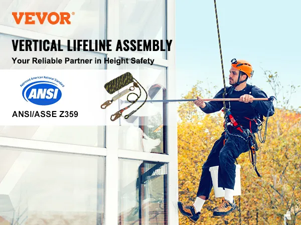 VEVOR vertical lifeline assembly for height safety, ansi/asse z359 certified, outdoor use.