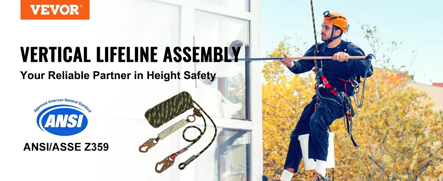 VEVOR vertical lifeline assembly for height safety, ansi/asse z359 certified, outdoor use.
