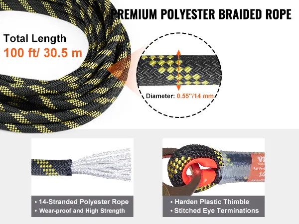 VEVOR vertical lifeline assembly, 100 ft, 14-stranded polyester rope, high strength, 0.55" diameter.