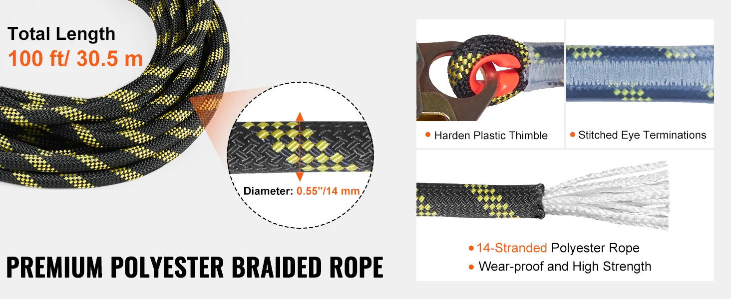 VEVOR vertical lifeline assembly, 100 ft, 14-stranded polyester rope, high strength, 0.55" diameter.