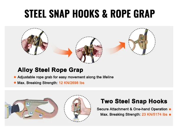 VEVOR vertical lifeline assembly with steel snap hooks, rope grab, adjusted grip, max strength 23 kn.