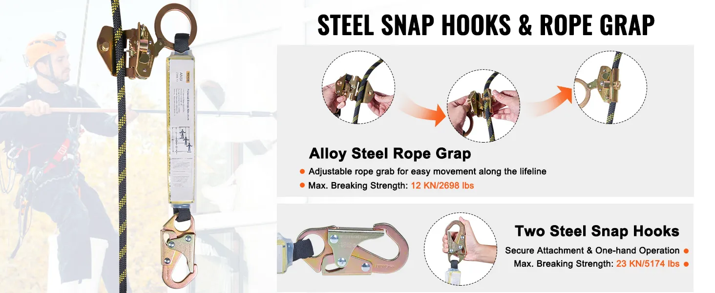 VEVOR vertical lifeline assembly with steel snap hooks, rope grab, adjusted grip, max strength 23 kn.