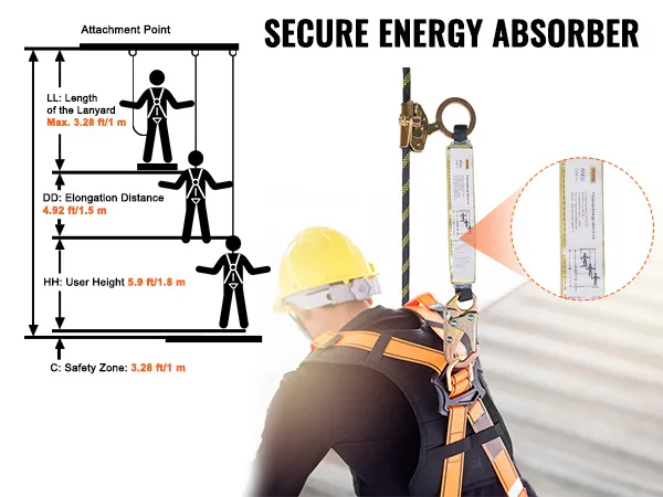VEVOR vertical lifeline assembly with secure energy absorber and safety harness specs.