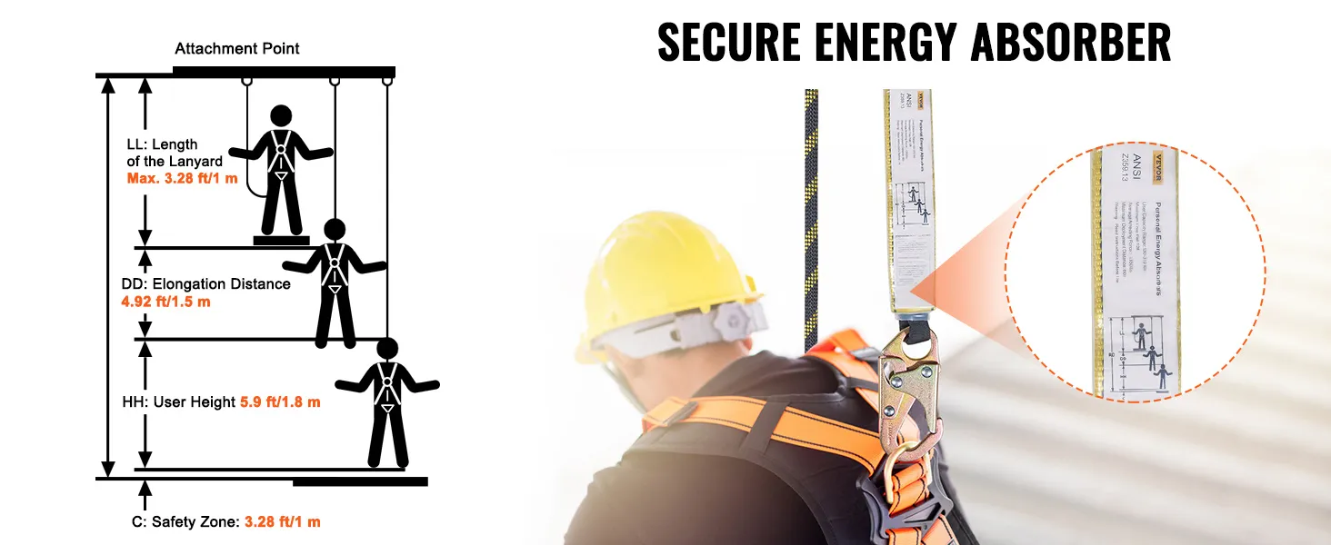VEVOR vertical lifeline assembly with secure energy absorber and safety harness specs.