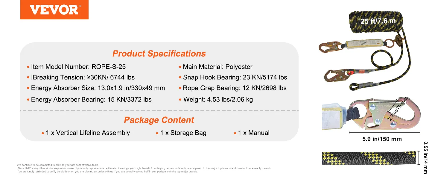 VEVOR vertical lifeline assembly, polyester rope, snap hooks, energy absorber, package specs.
