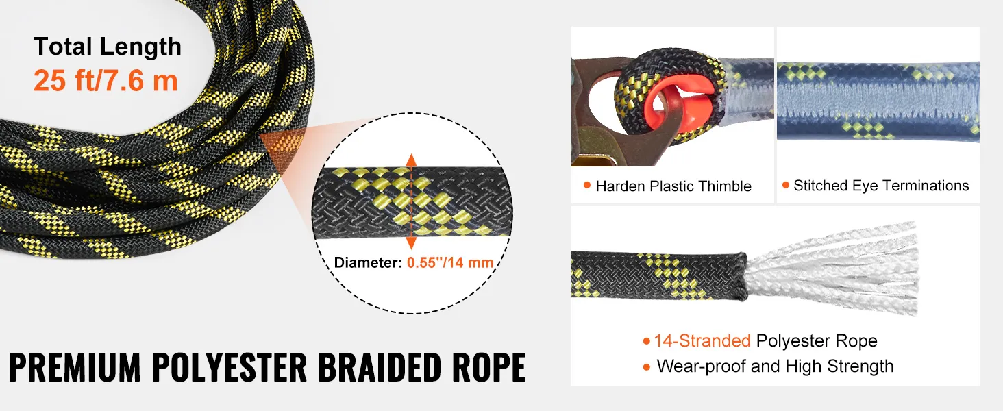VEVOR vertical lifeline assembly braided rope, 25ft length, 0.55-inch diameter, 14-strand polyester.