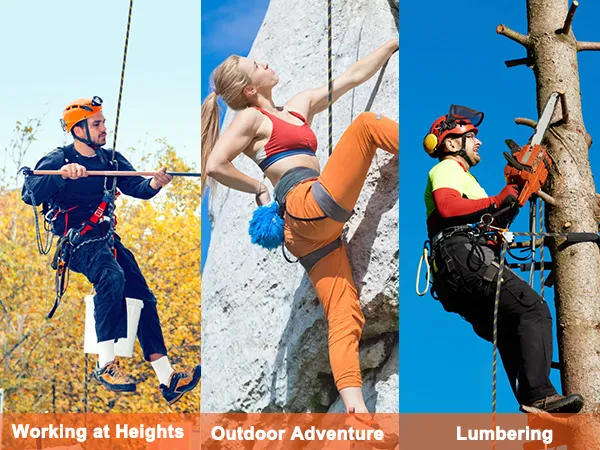 three scenes showcasing VEVOR vertical lifeline assembly: window washing, rock climbing, and tree cutting.
