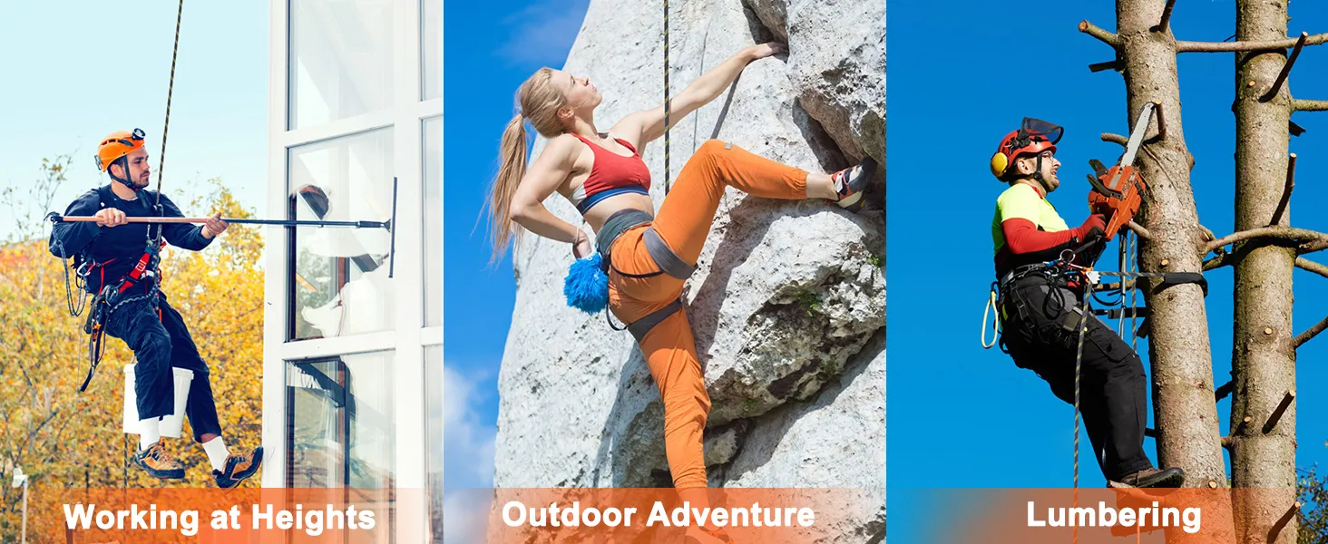 three scenes showcasing VEVOR vertical lifeline assembly: window washing, rock climbing, and tree cutting.