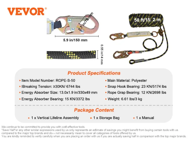 VEVOR vertical lifeline assembly with specifications, storage bag, manual, rope, and snap hooks.
