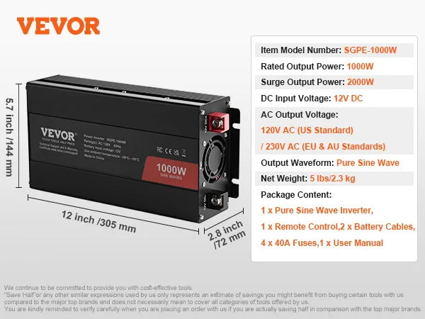 Inversor de onda sinusoidal pura VEVOR, sgpe-1000w, 1000w de potencia, 120v ac/230v ac, entrada de 12v dc, 5,7x12x2,8 pulgadas.