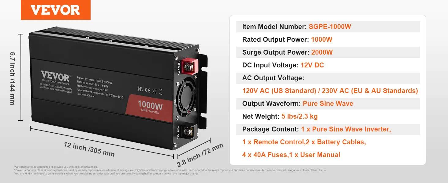 Inversor de onda sinusoidal pura VEVOR, sgpe-1000w, 1000w de potencia, 120v ac/230v ac, entrada de 12v dc, 5,7x12x2,8 pulgadas.