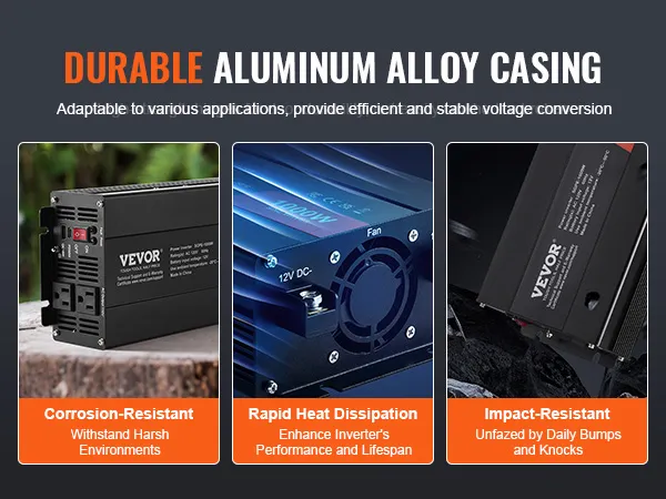 Inversor de onda sinusoidal pura VEVOR con carcasa de aluminio duradera, resistente a la corrosión, rápida disipación del calor.